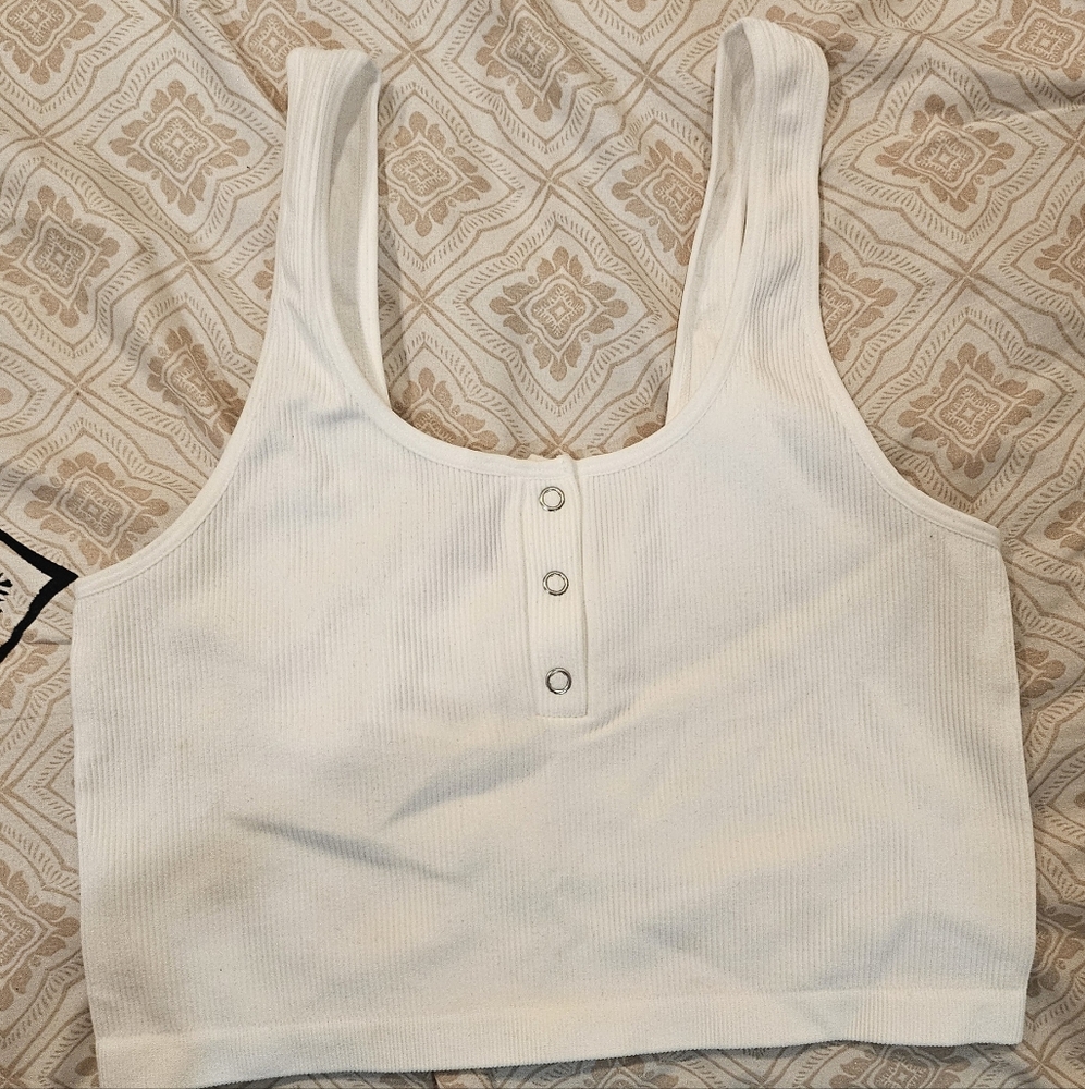 White Ribbed Tank Top with Button Detail